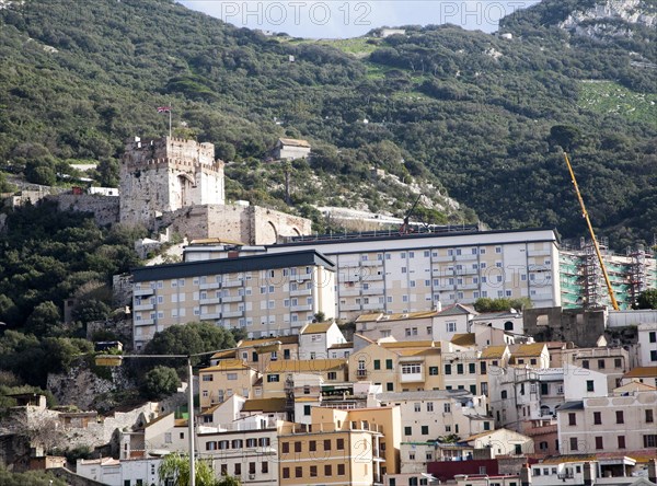 View of the Moorish castle, housing and the Rock of Gibraltar, British overseas territory in southern Europe