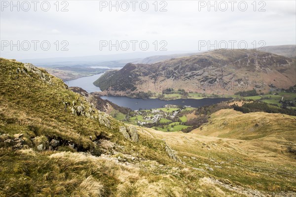 View of Ullswater lake and Glenridding village, Lake District, Cumbria, England, UK