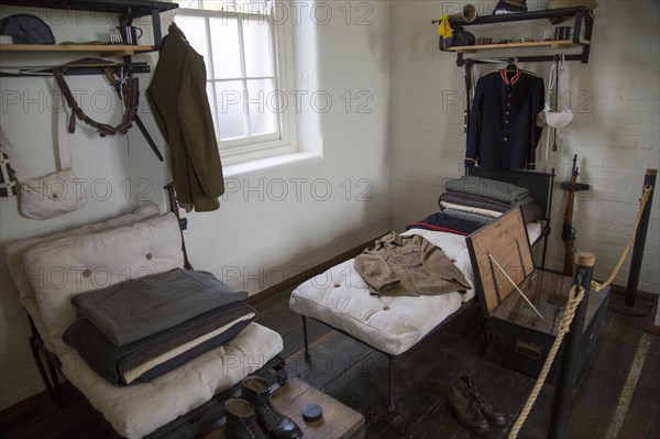 Inside historic barracks building at Pendennis Castle, Falmouth, Cornwall, England, UK