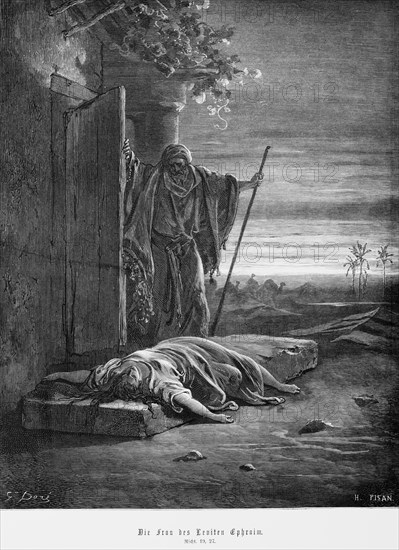 The woman of the Levite Ephraim, Book of Judges, chapter 19, building, open door, man, staff, woman, lying, road, landscape, camels, Bible, Old Testament, historical illustration 1885