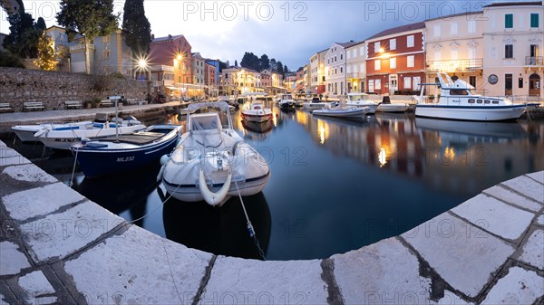 St. Anthony's Church and harbour, dawn, panoramic view, Veli Losinj, Kvarner Bay, Croatia, Europe