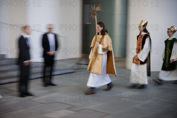 Federal Chancellor Olaf Scholz (SPD) pictured at the traditional reception for carol singers at the Federal Chancellery in Berlin, 8 January 2024