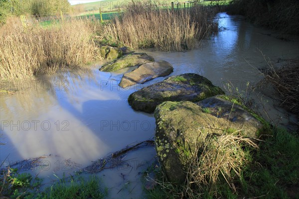 Stepping stones at Swallowhead Springs ancient sacred site, River Kennet, West Kennet, Wiltshire, England, UK