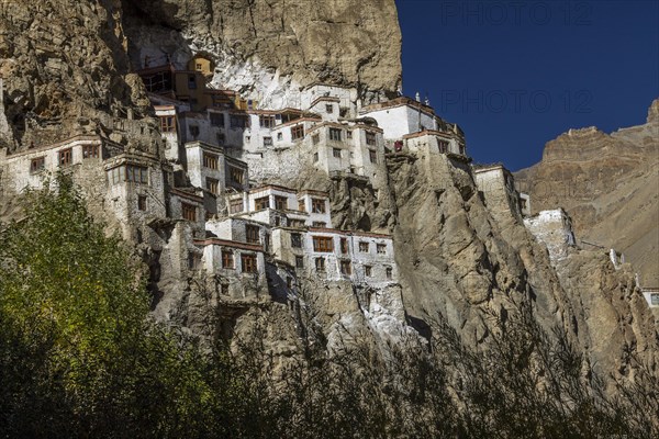 Phugtal Gompa, one of the most spectacularly located Buddhist monasteries of Ladakh, which clings to a mountain cliff, high above the valley floor. It belongs to the Gelug school of the Tibetan Buddhism. Photographed on a sunny, blue-sky day in September, the late summer. Zanskar Range of the Himalayas. Kargil District, Union Territory of Ladakh, India, Asia