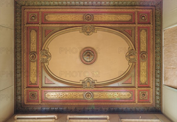 Detailed ceiling design with red and gold decorations in an elegant room, Villa Woodstock, Lost Place, Wuppertal, North Rhine-Westphalia, Germany, Europe