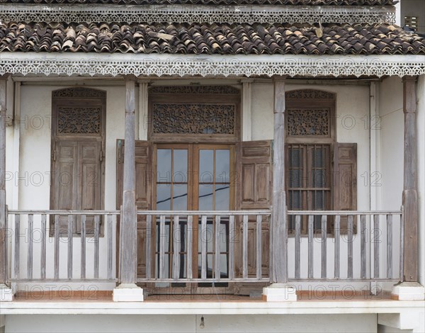 Building detail of wooden verandah historic town of Galle, Sri Lanka, Asia