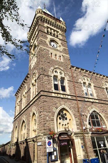 Tower of the Market Hall building, Abergavenny, Monmouthshire, South Wales, UK