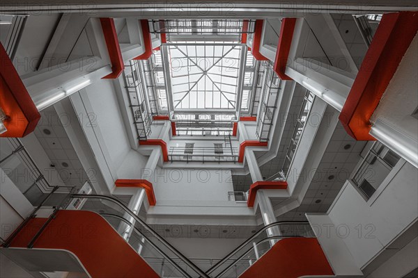 View of a modern staircase with red accents and geometric shapes, City Centre, Pforzheim, Germany, Europe