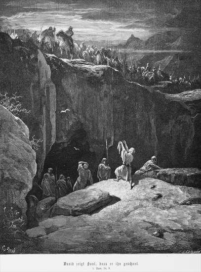 David shows Saul that he spared him, 1st Book of Samuel, chapter 24, mountain landscape, cave, army, weapons, mercy, spare, horses, rider, rock, Bible, Old Testament, historical illustration 1885