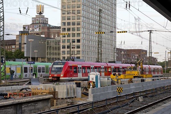 Construction site at Dortmund Central Station with the Dortmunder U and the Harenberg City Center, Dortmund, Ruhr Area, Germany, Europe