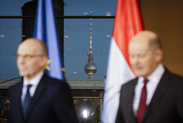 Federal Chancellor Olaf Scholz (SPD) and Luc Frieden, Prime Minister of the Grand Duchy of Luxembourg, give a press conference after talks at the Federal Chancellery in Berlin, 8 January 2024