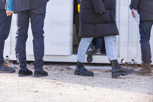 Press event in front of the commissioning of the housing containers for refugees at Sachsenplatz, Johannstadt for 72 people, Dresden, Saxony, Germany, Europe