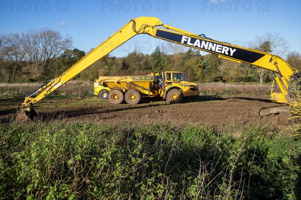 Earth moving heavy equipment and vehicles, Flannery and Tru Plant, Shottisham, Suffolk, England, UK