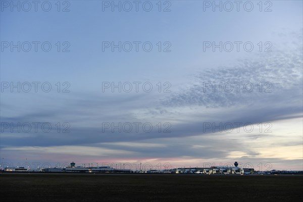 Overview Terminal 2 with satellites Munich Airport at dusk, Upper Bavaria, Bavaria, Germany, Europe