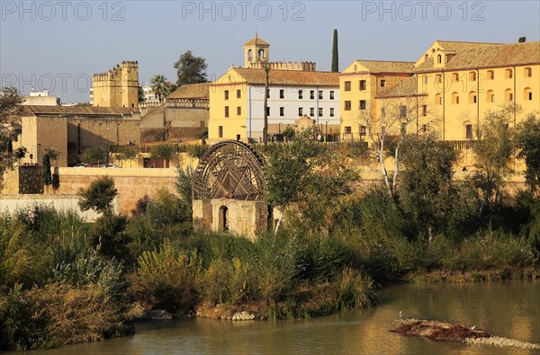 Historic Albolafia Moorish water-wheel on river Rio Guadalquivir, Cordoba, Spain, Europe