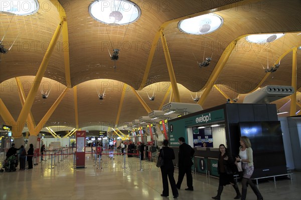 Modern architecture interior of terminal 4 building, Adolfo Suarez Madrid–Barajas airport, Madrid, Spain, Europe