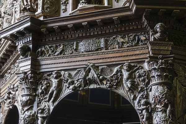 Renaissance-style carved canopy of the baptismal font, Enclos Paroissial enclosed parish of Guimiliau, Finistere Penn ar Bed department, Brittany Breizh region, France, Europe