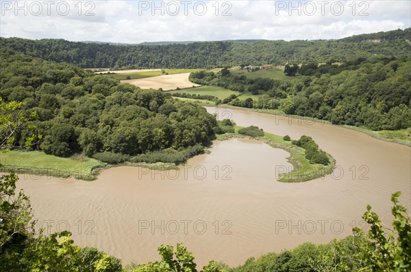 View north towards Lancaut over incised meander, gorge and river spit, River Wye, near Chepstow, Monmouthshire, Wales, UK