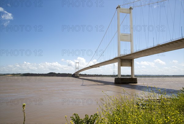 The old 1960s Severn bridge crossing between Beachley and Aust, Gloucestershire, England, UK looking east