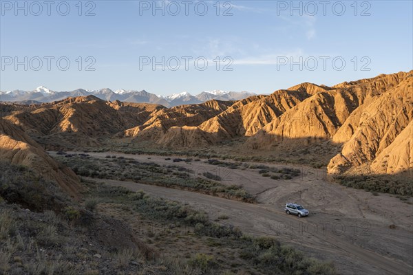 Off-road vehicle on off-road road, eroded hilly landscape, Badlands, Valley of the Forgotten Rivers, near Bokonbayevo, Yssykkoel, Kyrgyzstan, Asia