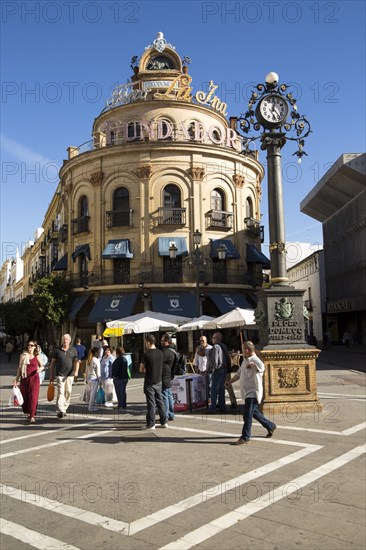 El Gallo Azul building cafe in central built in 1929 advertising Fundador brandy, Jerez de la Frontera, Spain, Europe