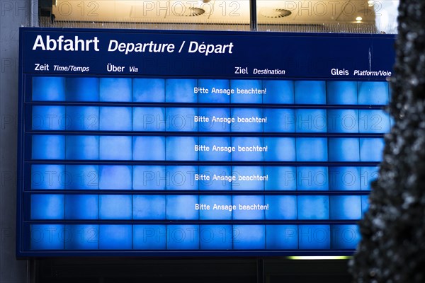 A large display board at Berlin Central Station reads Please note the announcement! Today is the second day of the strike by the train drivers' union GDL, on which train cancellations are to be expected. Berlin, 11.01.2024