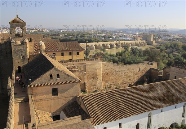 View to Roman bridge and river Rio Guadalquivir from Alcazar, Cordoba, Spain, Alcazar de los Reyes Cristianos, Europe