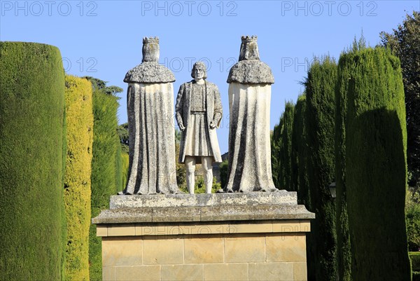 Columbus, King Ferdando and Queen Isabel statues in garden of Alcazar, Cordoba, Spain, Alcazar de los Reyes Cristianos, Europe