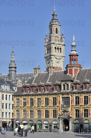 Bell tower of Chamber of Commerce and La Vieille Bourse at the Place du General de Gaulle, Lille, France, Europe