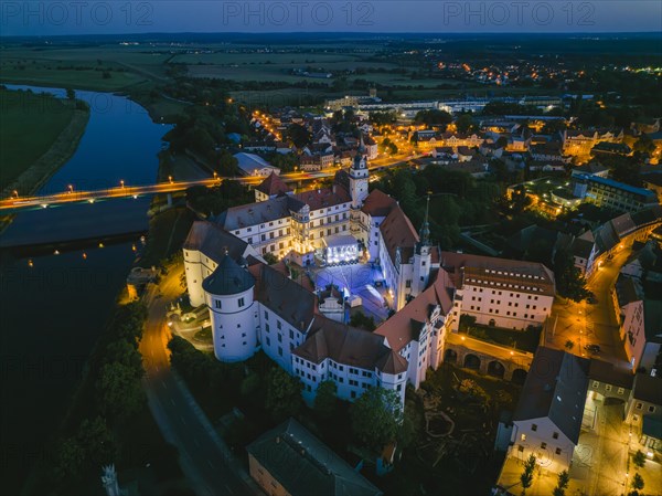 Hartenfels Castle from above, at dusk, Torgau, Saxony, Germany, Europe