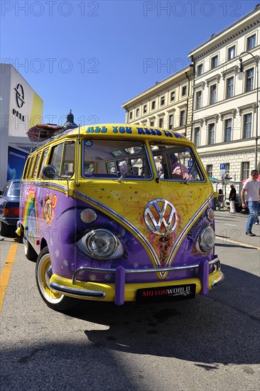 VW Transporter T1, front view, with surfboards and painting from the hippie era, Munich, Bavaria, Germany, Europe