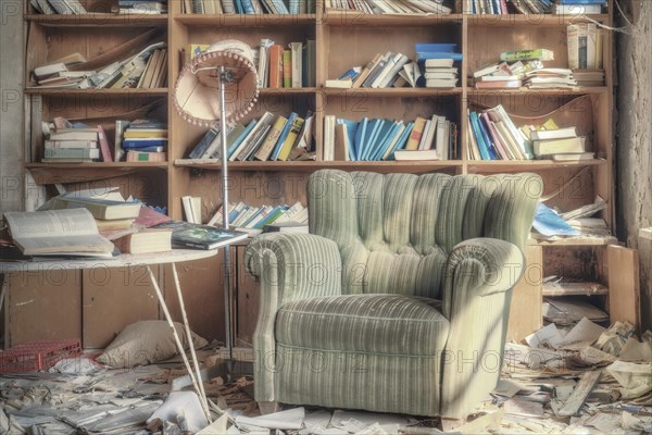 A lonely armchair in front of an overcrowded bookshelf in a decaying room, Urologist's Villa Dr Anna L., Lost Place, Bad Wildungen, Hesse, Germany, Europe