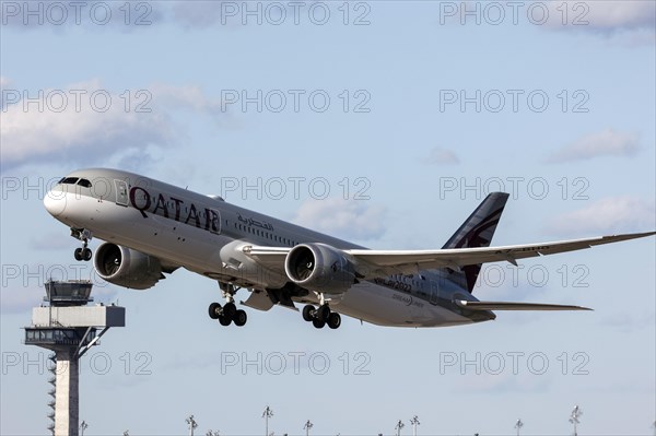 A Boeing 787-9 Dreamliner operated by Qatar Airways takes off from BER Berlin Brandenburg Airport Willy Brandt, Schoenefeld, 28/03/2023