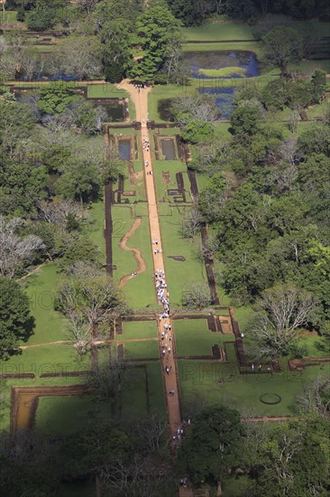 View of water gardens from rock palace fort, Sigiriya, Central Province, Sri Lanka, Asia