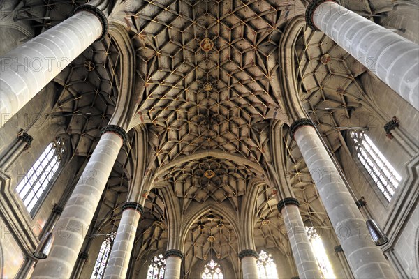 Gothic Holy Cross Minster, also known as the Minster of the Holy Cross, ribbed vault in the choir area, construction began around 1315, Schwaebisch Gmuend, Baden-Wuerttemberg, Germany, Europe