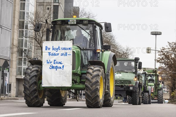 Farmers' protests in Germany. Farmers protest with tractors and banners against tax increases by the traffic light government, Stuttgart, Baden-Wuerttemberg, Germany, Europe