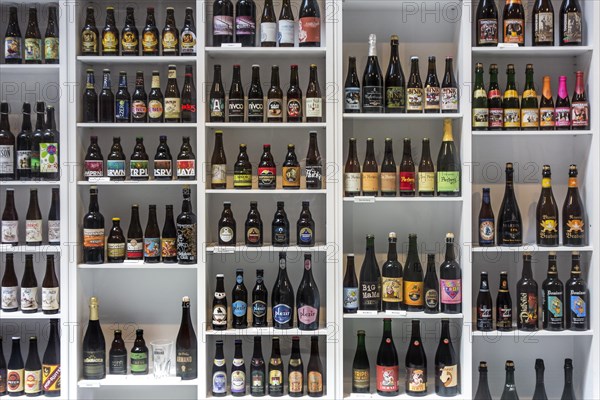 Collection of Belgian beers in the Hop Museum at Poperinge, West Flanders, Belgium, Europe