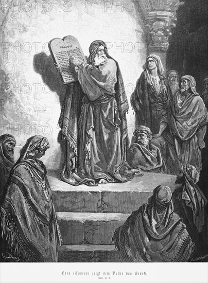 Ezra shows the people the law, Nehemiah, chapter 8, group, steps, stone tablet, scripture, explain, Bible, Old Testament, historical illustration