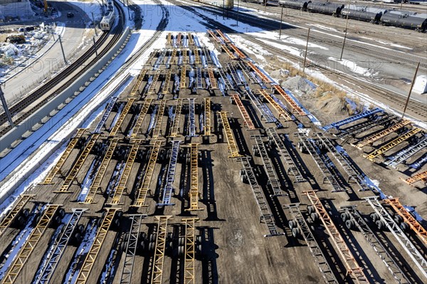Denver, Colorado, The Union Pacific's Railroad's intermodal terminal, where shipping containers are switched between trains and trucks. Container chassis are parked until needed to carry arriving shipping containers