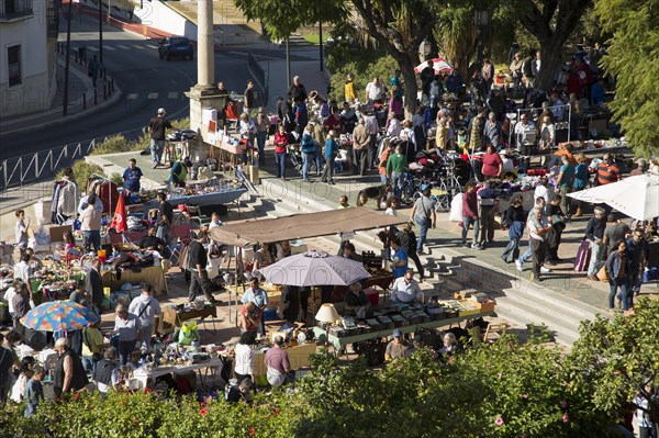 High angle view of people at street market, Jerez de la Frontera, Spain, Europe