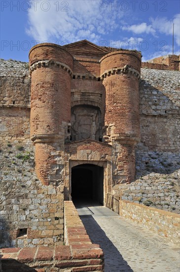 Entrance gate of the Catalan fortress Fort de Salses at Salses-le-Chateau, Pyrenees, France, Europe