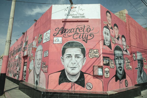 Graffito, portraits of various salsa musicians in the historic centre, Callao, Peru, South America