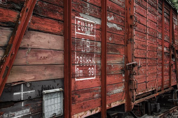 Side view of an old wooden goods wagon with faded red lettering, Dahlhausen railway depot, Lost Place, Dahlhausen, Bochum, North Rhine-Westphalia, Germany, Europe