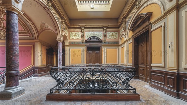 Symmetrical foyer with elegant wrought-iron railings surrounded by columns and arches, Villa Woodstock, Lost Place, Wuppertal, North Rhine-Westphalia, Germany, Europe