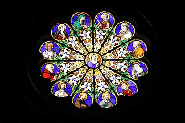 Coloured stained glass window, rose window, church window, Basilica of Santa Maria sopra Minerva, Rome, Italy, Europe