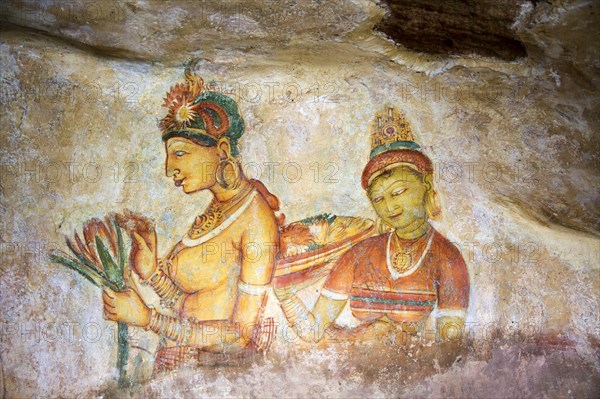 Rock painting frescoes of maidens in the palace fortress, Sigiriya, Central Province, Sri Lanka, Asia