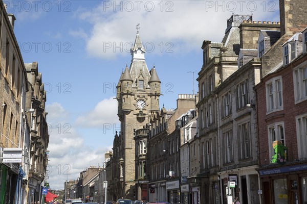 Town Hall building main shopping street, Hawick, Roxburghshire, Scotland, UK