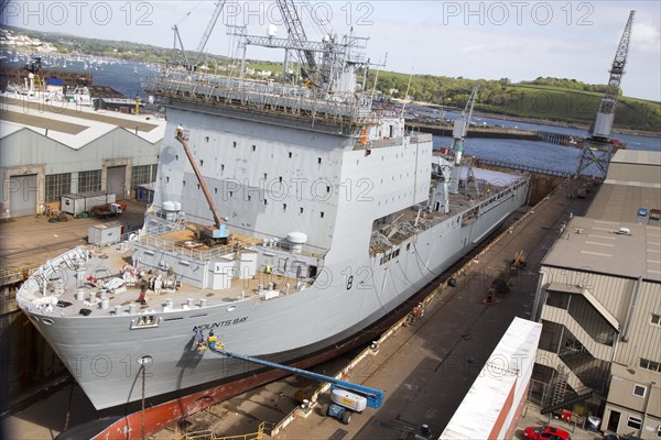 RFA Mounts Bay ship in dry dock, Falmouth, Cornwall, England, UK