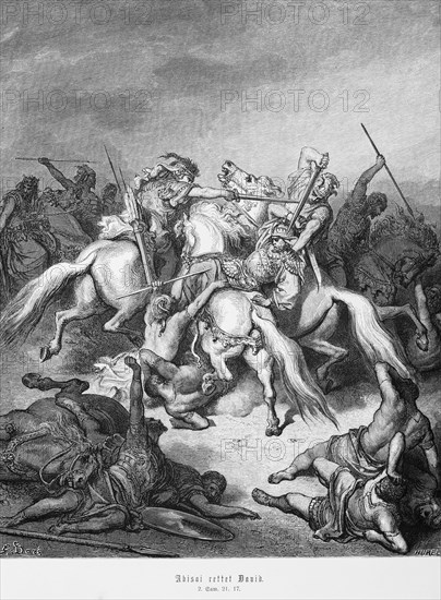 Abishai saves David, 2nd Book of Samuel, battle, soldiers, horses, armour, swords, lances, weapons, dying, Bible, Old Testament, historical illustration