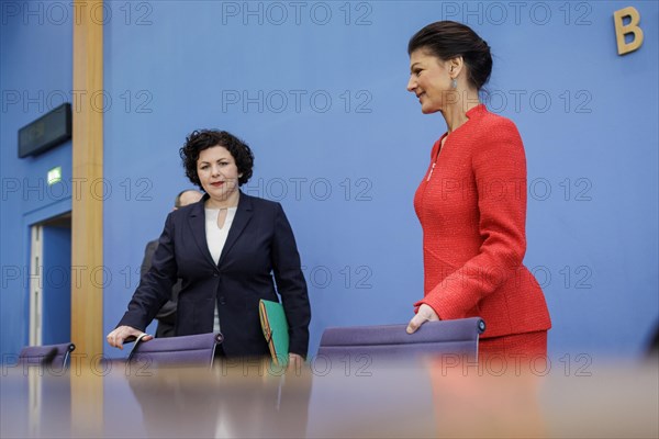 Amira Mohamed Ali, Member of the Bundestag, and Dr Sahra Wagenknecht, recorded at the Federal Press Conference on the founding of the Sahra Wagenknecht Alliance, Reason and Justice party and proposal of the European top candidates, in Berlin, 8 January 2024